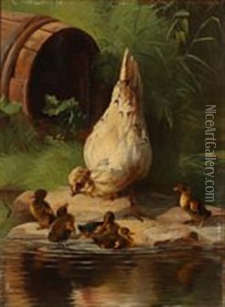 A Hen And Five Ducklings At A Pond Oil Painting - Adolf Heinrich Mackeprang