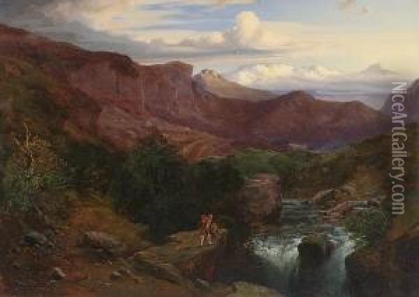 Zwei Wanderer Am Wasserfall Im
 Gebirge. Oil Painting - August Albert Zimmermann