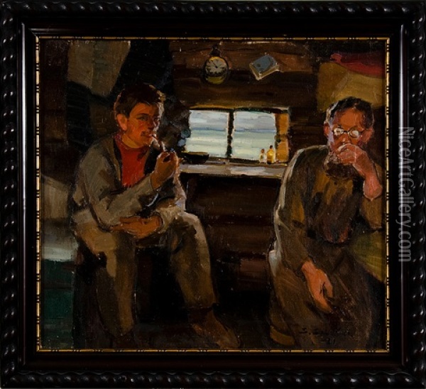 Men In Hut Oil Painting - Santeri Salokivi
