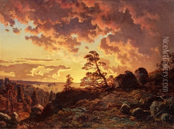 Solnedgang Over Fjarden Oil Painting - Edward (Johan-Edvard) Bergh