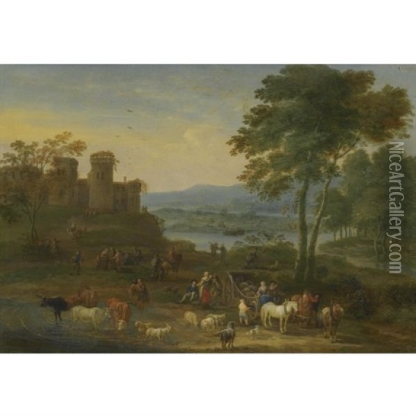 A River Landscape With Herders And Their Animals On A Path With Other Figures, A Village Beyond Oil Painting - Mathys Schoevaerdts