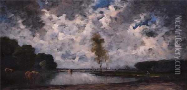 Kuhe Am Wasser Bei Aufziehenden Regenwolken Oil Painting - Heinrich Neppel
