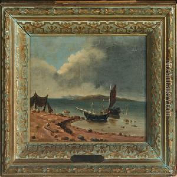 Coastal Scenery With Smal Boats Oil Painting - Anton Melbye