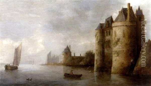 Flusslandschaft Mit Booten Und Blick Auf Eine Ufermauer Mit Bastion Oil Painting - Frans de Hulst