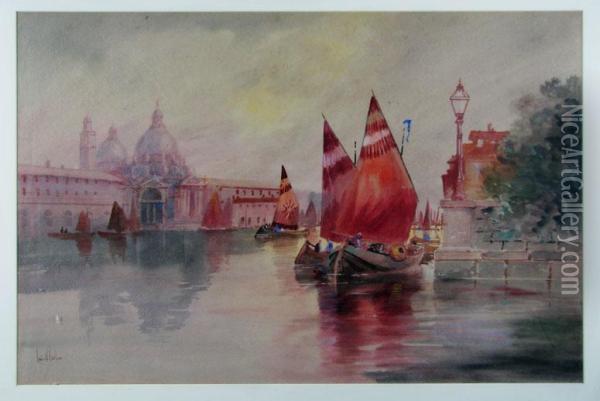 Venetian Canal Scene With Boats Oil Painting - Louis Kinney Harlow