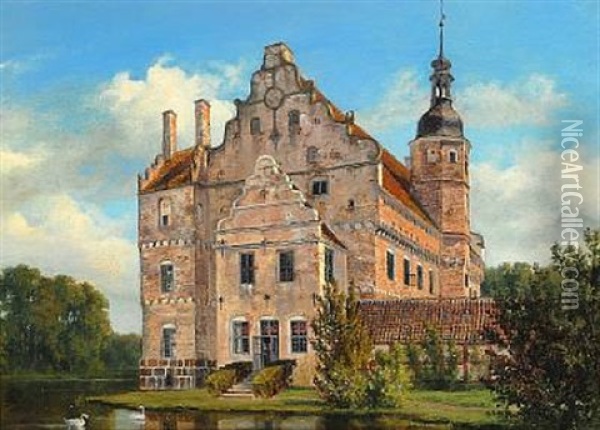The Renaissance Manor House Orbaeklunde On The Island Of Funen Oil Painting - Ferdinand Richardt