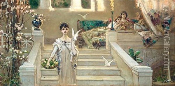 Roman Beauty With Doves Oil Painting - Vasili Aleksandrovich Kotarbinsky