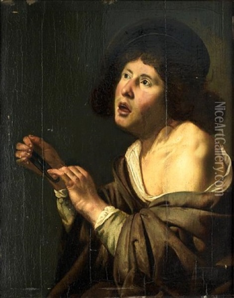 A Man Singing And Holding A Scacciapensieri Oil Painting - Jan Van Bijlert