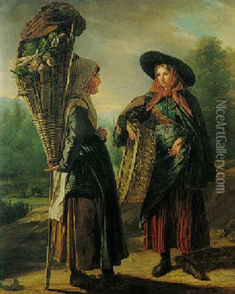 Two Girls In Local Costume Oil Painting - Josef Bartholomeus Vieillevoye