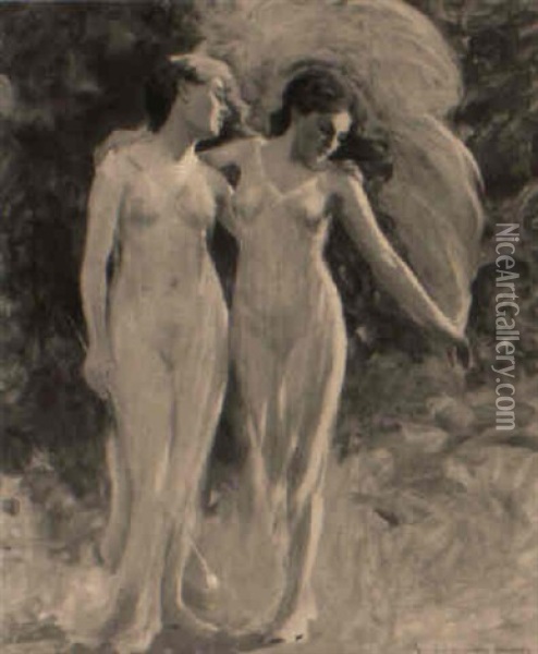Two Nymphs In A Glade Oil Painting - Farquhar McGillivray Strachen Knowles