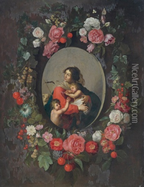 Die Madonna Mit Dem Christus- Und Johannesknaben In Einer Blumengirlande Oil Painting - Daniel Seghers