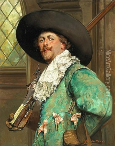 A Portrait Of A Cavalier Holding A Musket Oil Painting - Alex De Andreis