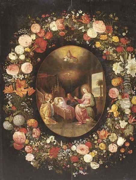 A garland of roses, tulips, jasmine and other flowers encircling an oval of The Virgin with Angels adoring the Child in the crib, with God the Father Oil Painting - Jan Brueghel the Younger