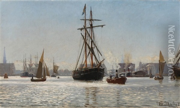 View From The Entrance To Copenhagen Harbour Oil Painting - Christian Blache