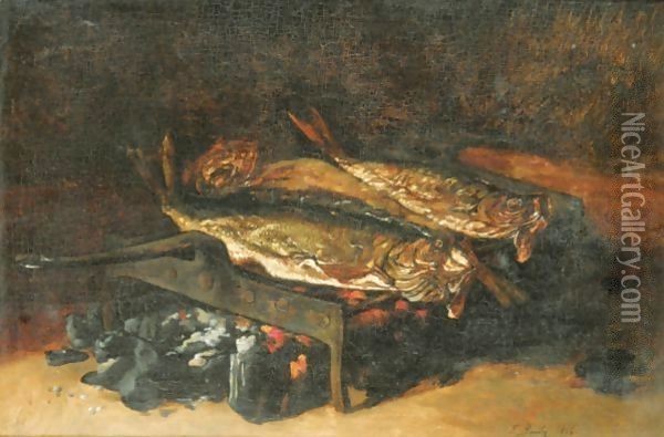 Still Life With Grilled Fish Oil Painting - Francois Bonvin