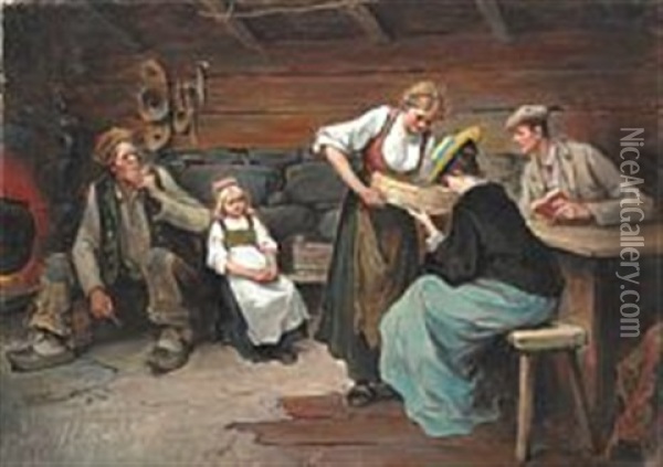 Interior From A Norwegian Peasant House Oil Painting - Nils Nilsen Bergslien