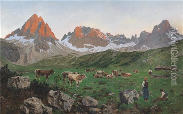 Evening In The Alps Over The Parzinn Group Near The Hanauer Hutte In The Lechtaler Alps Oil Painting - Ernst Heinrich Platz