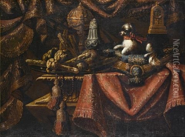 A Dog Resting On A Cushion (+ A Dog Resting On A Cushion; 2 Works) Oil Painting - Antonio Tibaldi