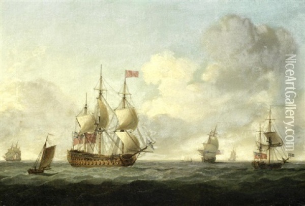 A Vice-admiral Of The Red's Flagship Running Before The Wind, With Other Ships Of Her Squadron In The Near Vicinity Oil Painting - Charles Brooking