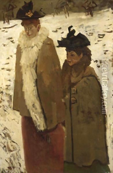 Two Girls In The Snow, Amsterdam Oil Painting - George Hendrik Breitner