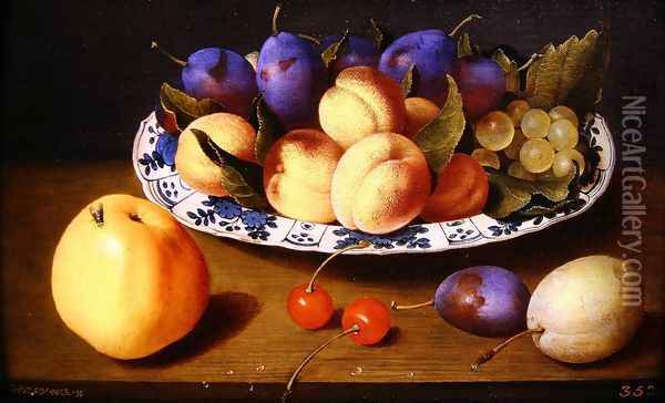 Still life of peaches and plums in a blue and white dish on a table top Oil Painting - Jacob van Hulsdonck