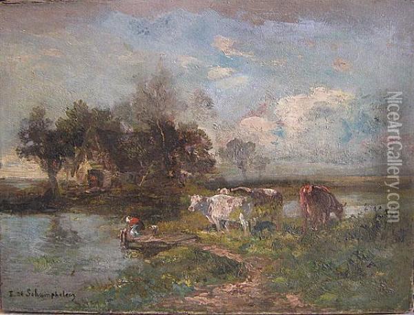 Vaches Pres De L'etang Oil Painting - Edmond De Schampheleer