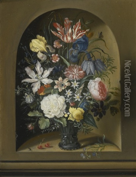 Still Life Of Flowers In A Niche With Cherries, Insects And A Caterpillar Oil Painting - Jacob Marrel