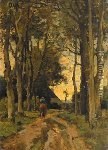 A Horserider On A Tree-lined Lane Oil Painting - Theophile De Bock