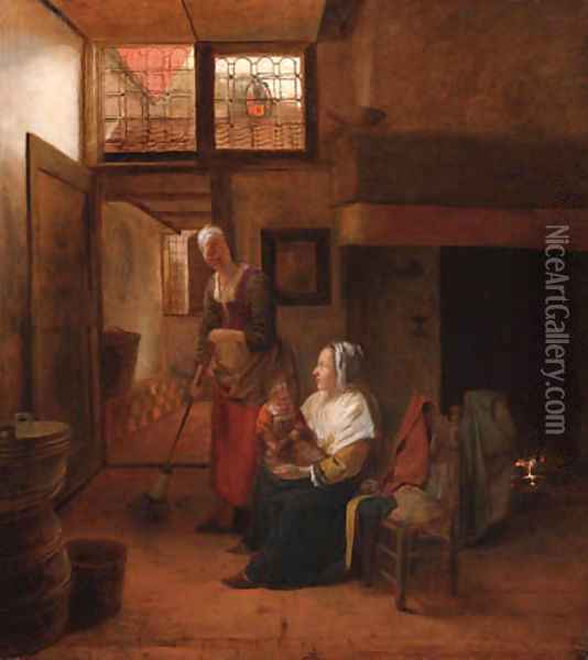 A mother and child with a serving woman in an interior, a hallway beyond Oil Painting - Pieter De Hooch