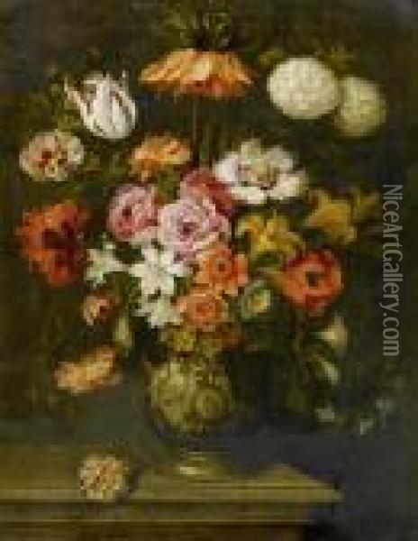 Bouquet Of Flowers In A Porcelain Vase. Oil Painting - Jan Brueghel the Younger