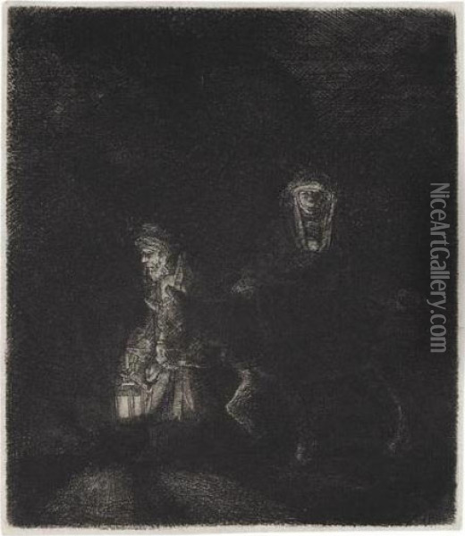 The Flight Into Egypt: A Night Piece (b., Holl.53; H.253; Bb.51-e) Oil Painting - Rembrandt Van Rijn