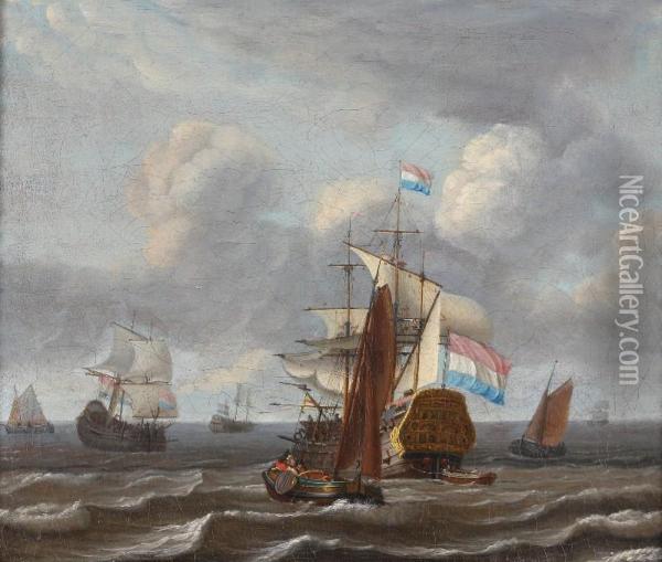 Seascape In Stormyweather With A Dutch Man-of-war And Small Freightships Under Aheavily Clouded Sky Oil Painting - Hendrick Dubbels