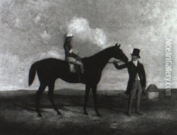 'little Ben' With Jockey Up, Held By King, His Trainer Oil Painting - Abraham Cooper