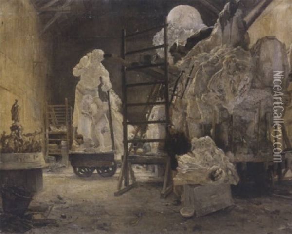 Altelier Du Sculpteur Dalou, Travaillant Son Triomphe De La Republique Oil Painting - Alphonse Gaudefroy