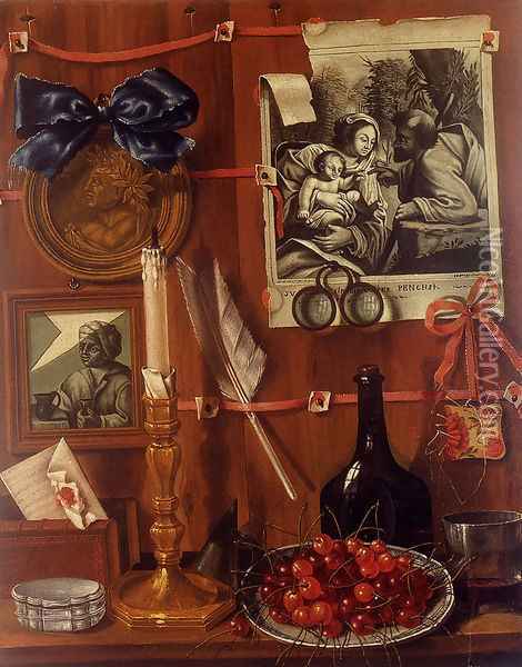 Trompe L'Oeil With A Basket Of Cherries On A Table And Engravings Tacked Up To A Wall Oil Painting - Jean Valette-Falgores