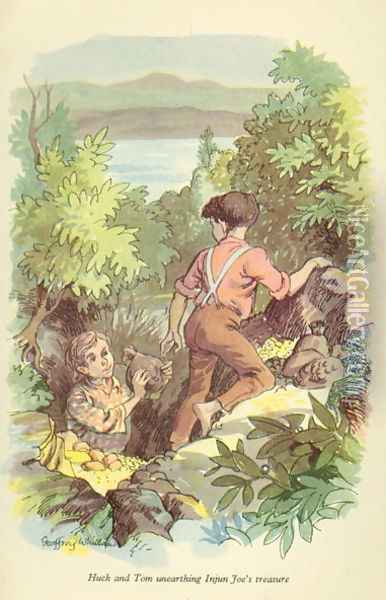 Huck and Tom unearthing Injun Joe's treasure', illustration from 'The Adventures of Tom Sawyer by Mark Twain (1835-1910) Oil Painting - Geoffrey Whittam