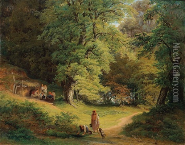 Waldlandschaft Mit Figurlicher Staffage Oil Painting - Josef Holzer