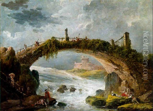 A Bridge Spanning Rapids Witth Washerwomen And Other Figures Below, A Castle Beyond Oil Painting - Hubert Robert