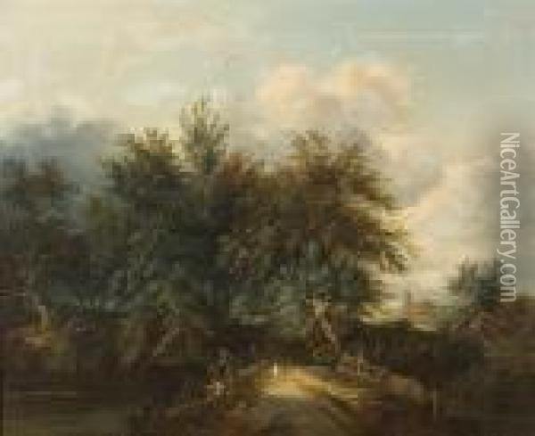 A Wooded Landscape With Anglers Oil Painting - Edward Jr Williams