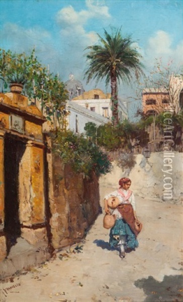 Street On Capri Oil Painting - Giuseppe Giardiello