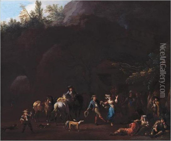 A Merry Company Dancing Before A Tavern Oil Painting - Jan von Huchtenburgh