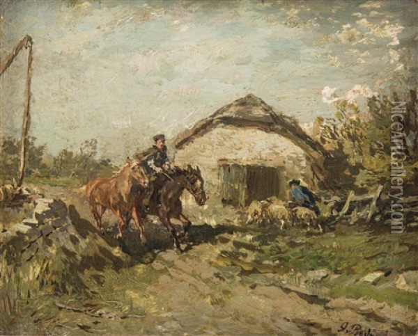 Ankunft Eines Bauern Mit Zwei Pferden Vor Dem Schafstall Oil Painting - Gregor von Bochmann the Elder