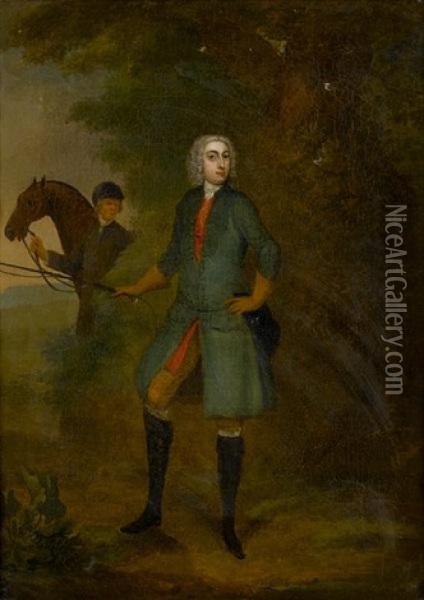 Portrait Of A Gentleman, With A Horse And A Jockey In The Background Oil Painting - Charles Philips