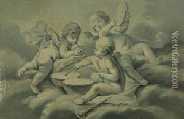 Three Putti Playing Musical Instruments Oil Painting - Brice R