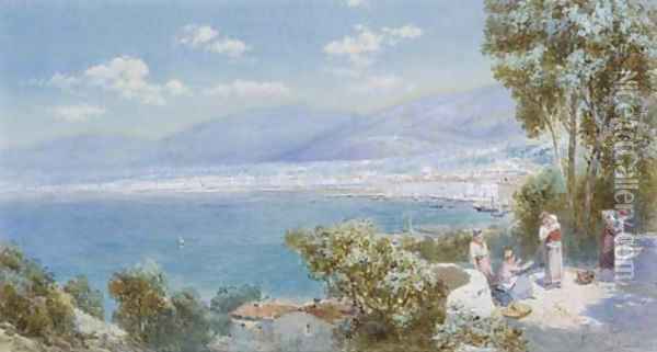 Figures coming from market on the Italian coast Oil Painting - Charles Rowbotham