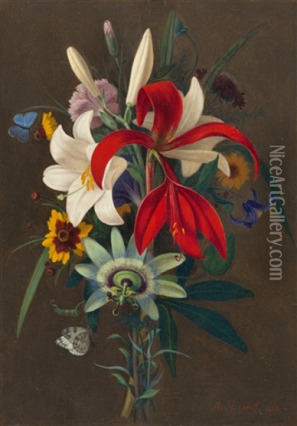Stillleben Mit Lilien Und Passionsblume Oil Painting - Adolf (Carl) Senff