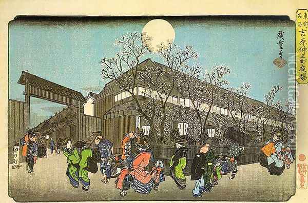 Famous Sights in the Eastern Capital- Cherry Blossom in the Evening on the Nakanomachi in Yoshiwara, Oil Painting - Utagawa or Ando Hiroshige
