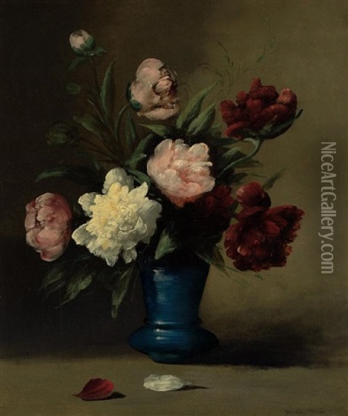 Peonies In A Blue Vase Oil Painting - Germain Theodore Ribot