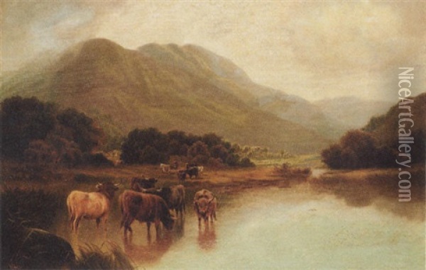 Highland Cattle Watering In A Mountainous Landscape Oil Painting - William Perring Hollyer