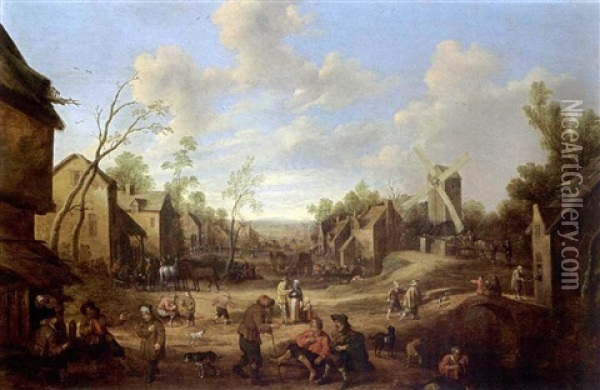 A Village Street With A Mill And Figures Outside A Tavern And Other Figures On The Street With Horse-drawn Wagons Oil Painting - Joost Cornelisz. Droochsloot